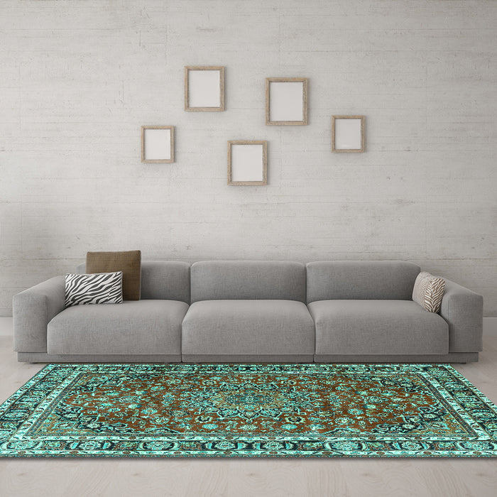 Machine Washable Persian Turquoise Traditional Area Rugs in a Living Room,, wshtr4415turq