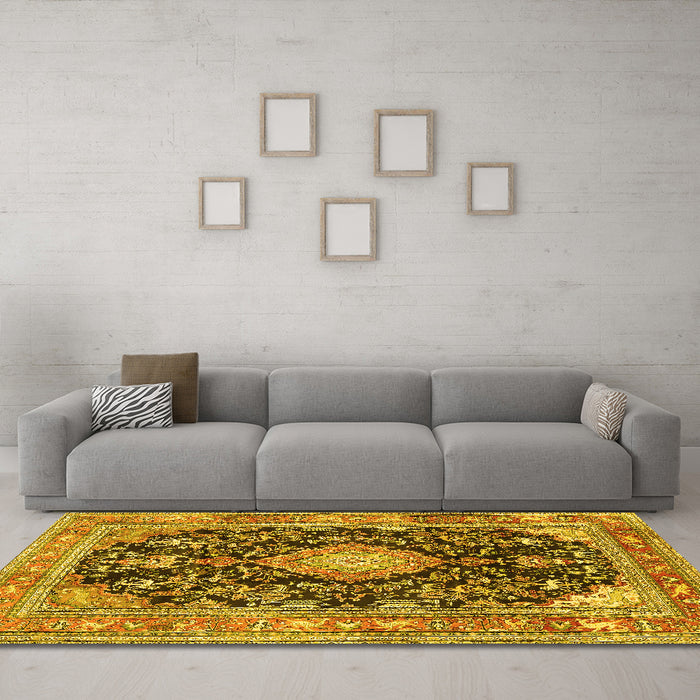 Machine Washable Persian Yellow Traditional Rug in a Living Room, wshtr4416yw