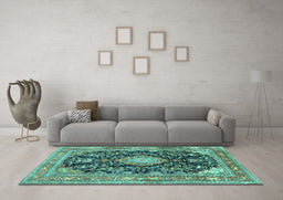 Machine Washable Persian Turquoise Traditional Area Rugs in a Living Room,, wshtr4416turq