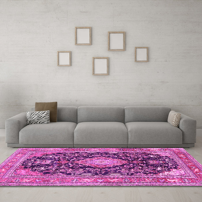 Machine Washable Persian Pink Traditional Rug in a Living Room, wshtr4416pnk