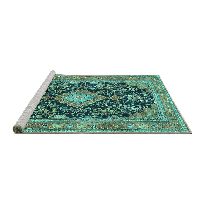 Sideview of Machine Washable Persian Turquoise Traditional Area Rugs, wshtr4416turq