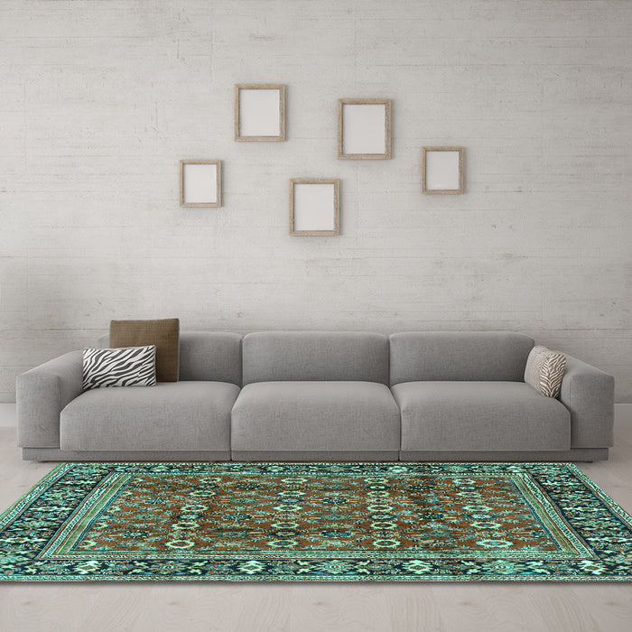 Machine Washable Persian Turquoise Traditional Area Rugs in a Living Room,, wshtr4417turq
