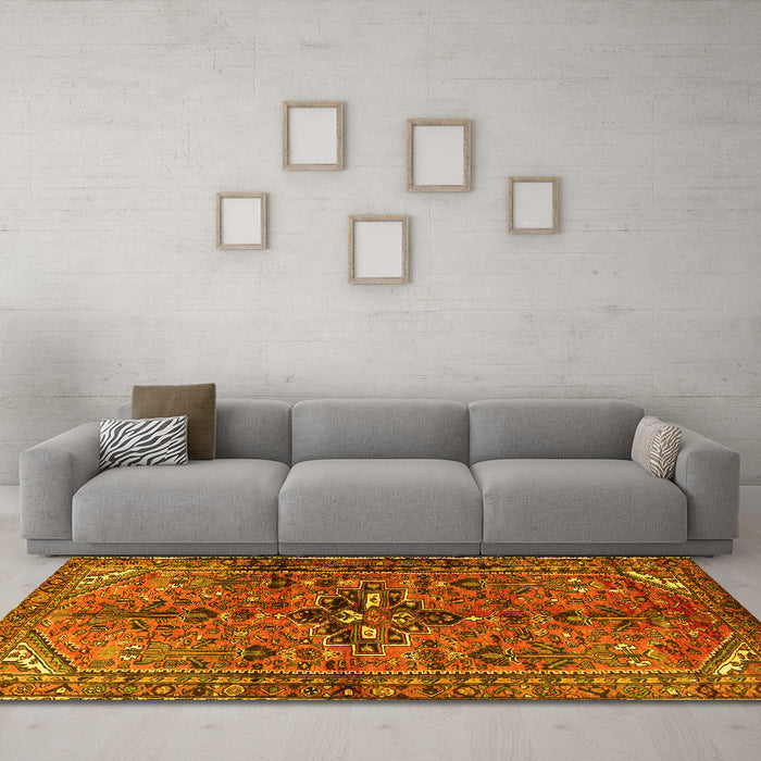 Machine Washable Persian Yellow Traditional Rug in a Living Room, wshtr4418yw