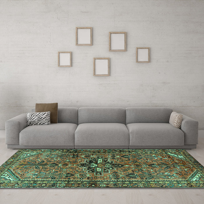 Machine Washable Persian Turquoise Traditional Area Rugs in a Living Room,, wshtr4418turq