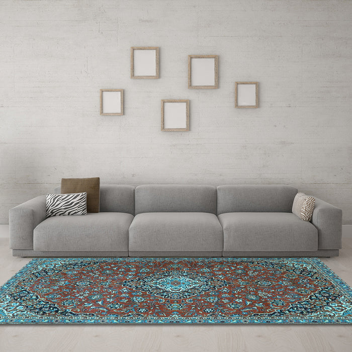 Machine Washable Medallion Light Blue Traditional Rug in a Living Room, wshtr4419lblu
