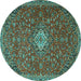 Round Machine Washable Medallion Turquoise Traditional Area Rugs, wshtr4419turq