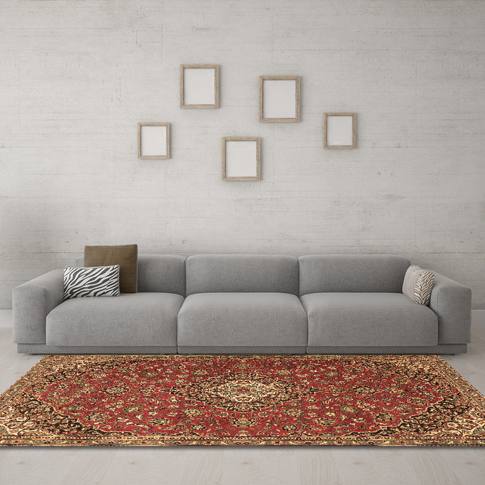 Machine Washable Medallion Brown Traditional Rug in a Living Room,, wshtr4419brn