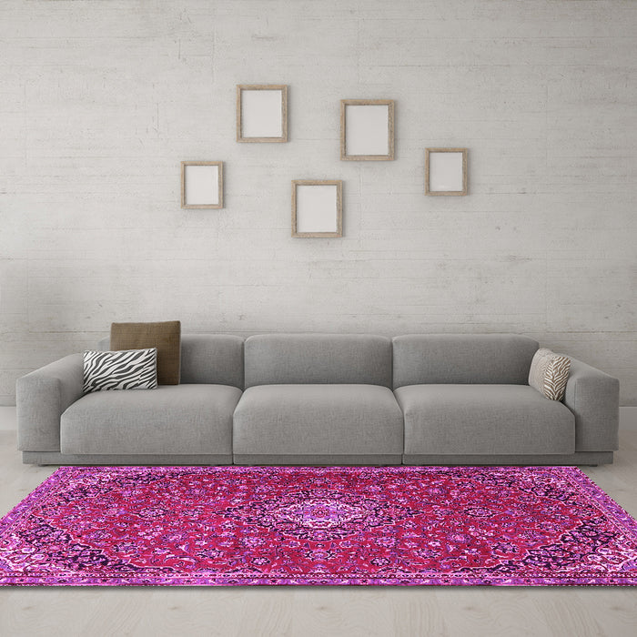 Machine Washable Medallion Pink Traditional Rug in a Living Room, wshtr4419pnk