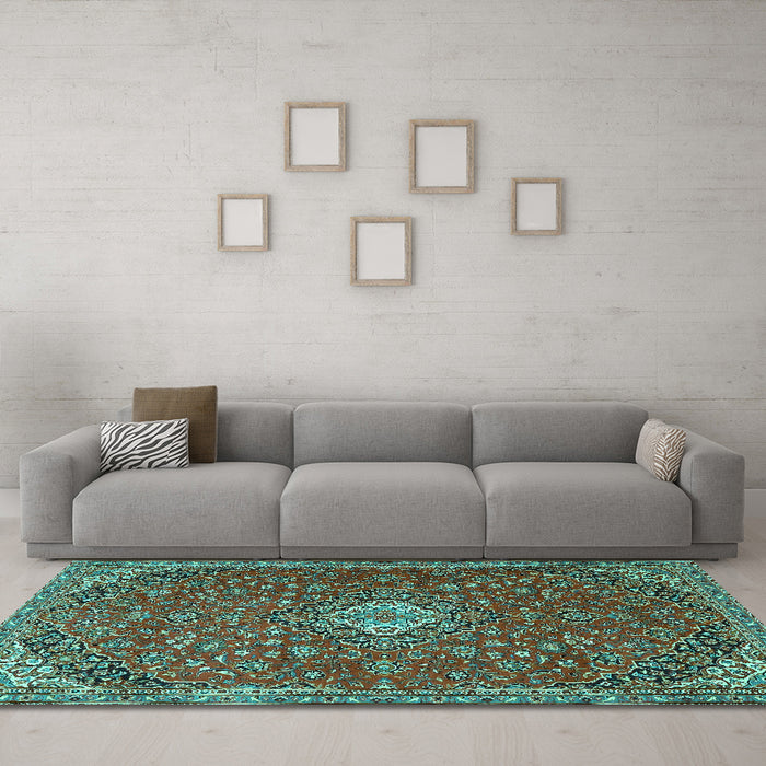 Machine Washable Medallion Turquoise Traditional Area Rugs in a Living Room,, wshtr4419turq