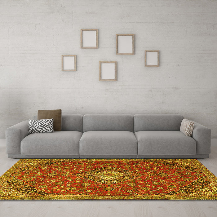Machine Washable Medallion Yellow Traditional Rug in a Living Room, wshtr4419yw