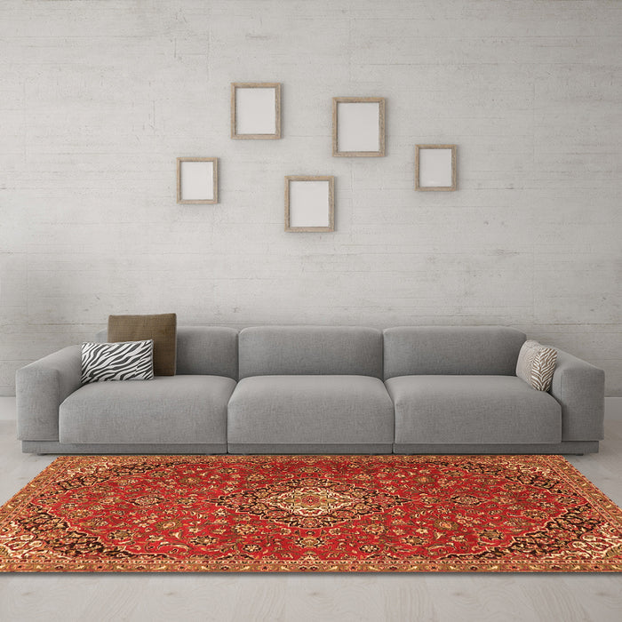 Machine Washable Medallion Orange Traditional Area Rugs in a Living Room, wshtr4419org