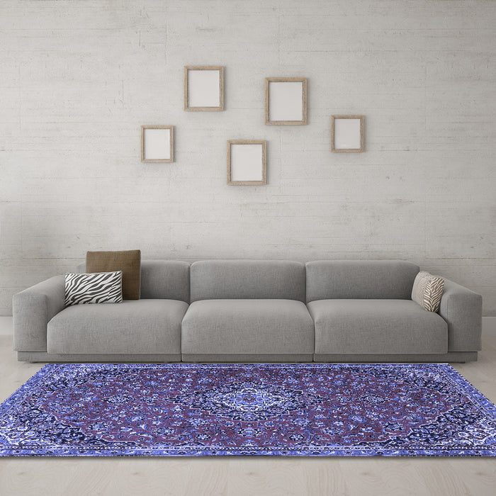 Machine Washable Medallion Blue Traditional Rug in a Living Room, wshtr4419blu
