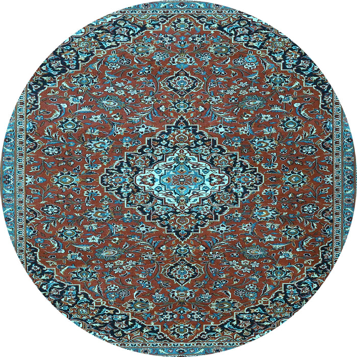 Round Machine Washable Medallion Light Blue Traditional Rug, wshtr4419lblu