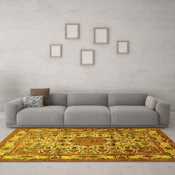 Machine Washable Medallion Yellow Traditional Rug in a Living Room, wshtr441yw
