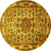 Round Machine Washable Medallion Yellow Traditional Rug, wshtr441yw