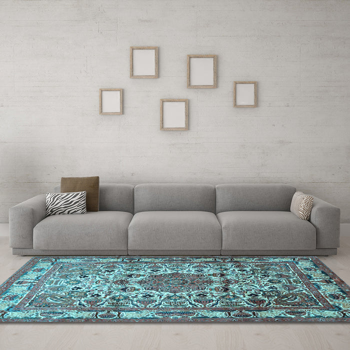 Machine Washable Medallion Light Blue Traditional Rug in a Living Room, wshtr441lblu