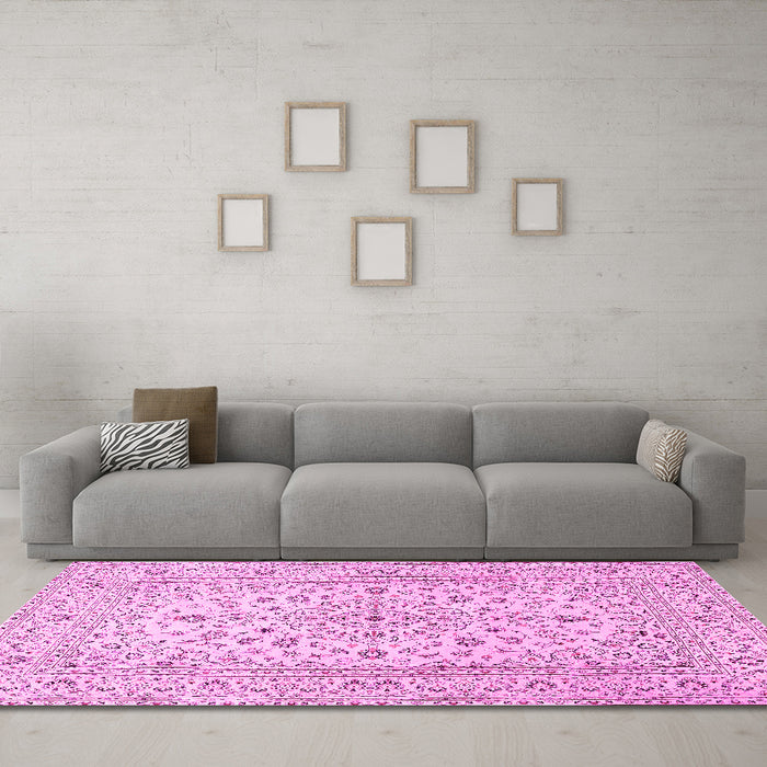Machine Washable Medallion Pink Traditional Rug in a Living Room, wshtr4420pnk