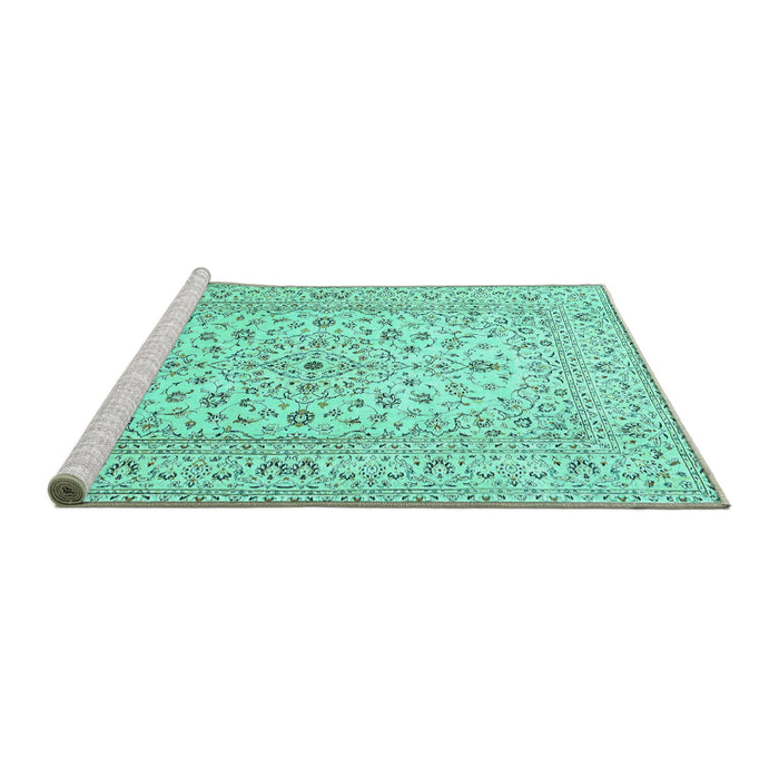 Sideview of Machine Washable Medallion Turquoise Traditional Area Rugs, wshtr4420turq