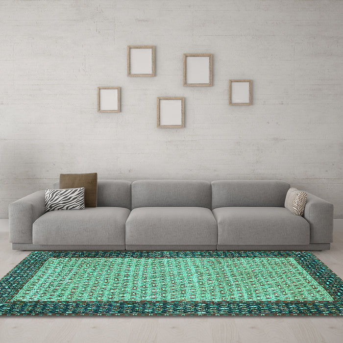 Machine Washable Persian Turquoise Traditional Area Rugs in a Living Room,, wshtr4423turq