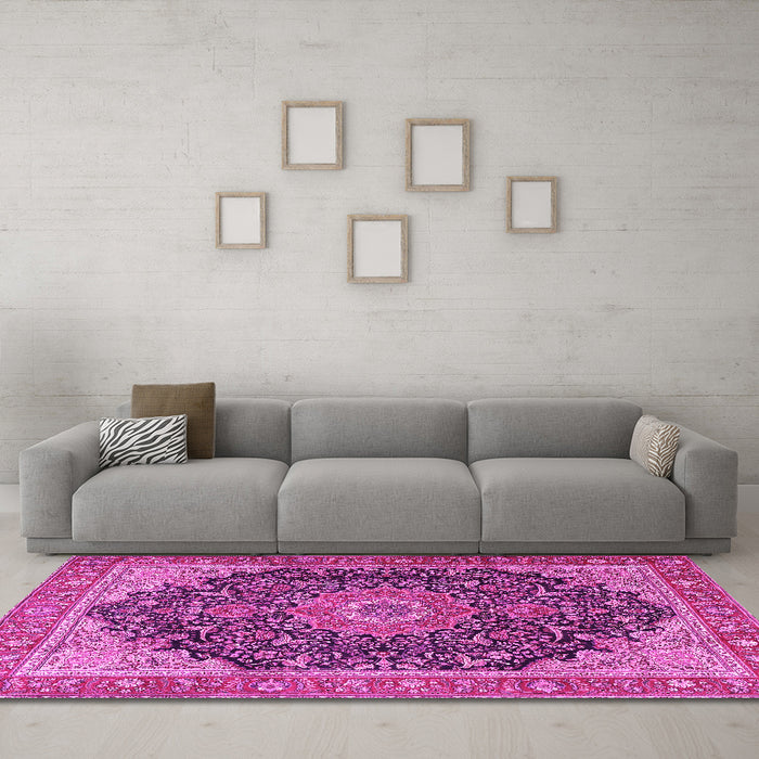 Machine Washable Medallion Pink Traditional Rug in a Living Room, wshtr4424pnk