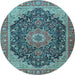 Round Machine Washable Medallion Light Blue Traditional Rug, wshtr4424lblu