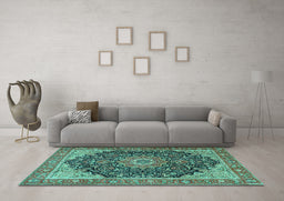Machine Washable Medallion Turquoise Traditional Area Rugs in a Living Room,, wshtr4424turq