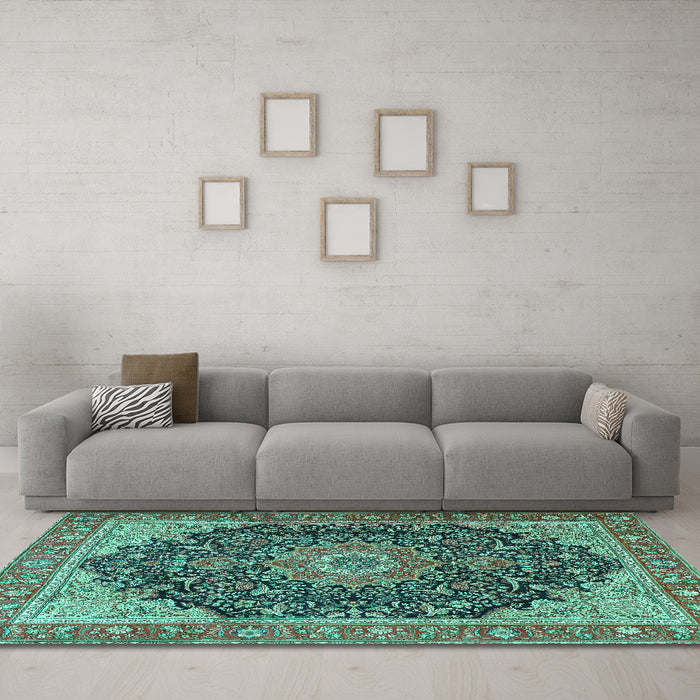 Machine Washable Medallion Turquoise Traditional Area Rugs in a Living Room,, wshtr4424turq