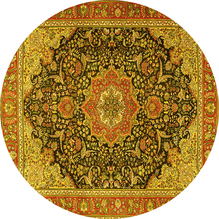 Round Machine Washable Medallion Yellow Traditional Rug, wshtr4424yw