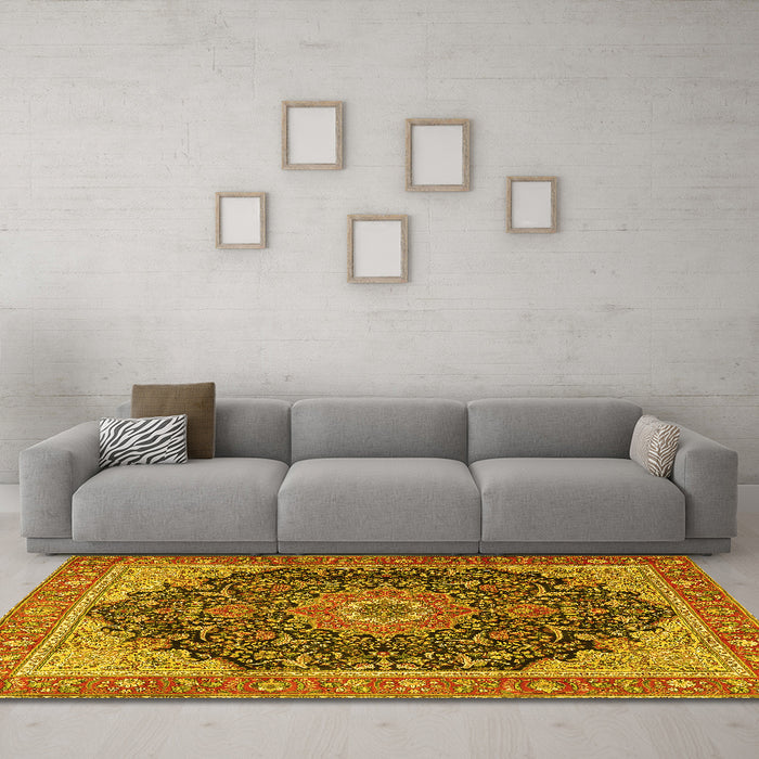 Machine Washable Medallion Yellow Traditional Rug in a Living Room, wshtr4424yw