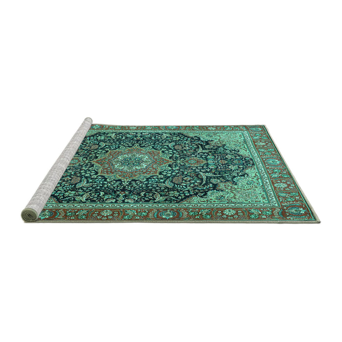Sideview of Machine Washable Medallion Turquoise Traditional Area Rugs, wshtr4424turq