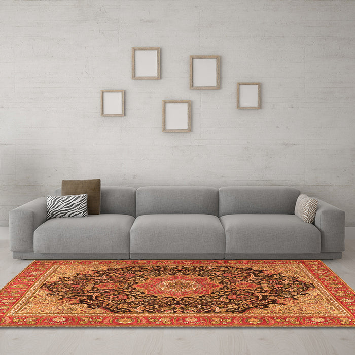 Machine Washable Medallion Orange Traditional Area Rugs in a Living Room, wshtr4424org