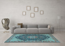 Machine Washable Medallion Light Blue Traditional Rug in a Living Room, wshtr4424lblu