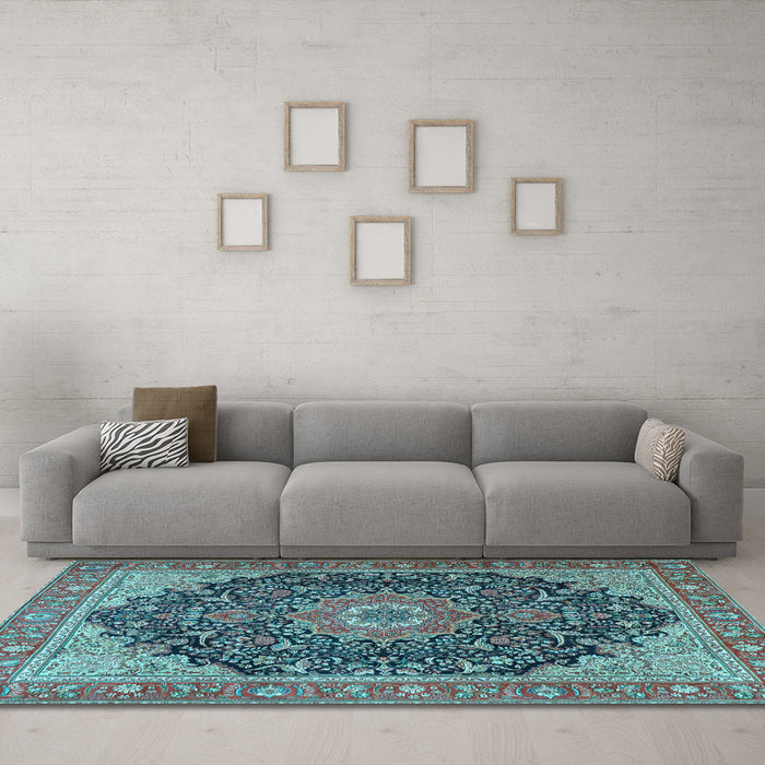 Machine Washable Medallion Light Blue Traditional Rug in a Living Room, wshtr4424lblu