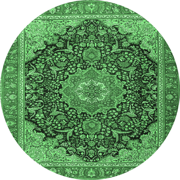 Round Machine Washable Medallion Emerald Green Traditional Area Rugs, wshtr4424emgrn