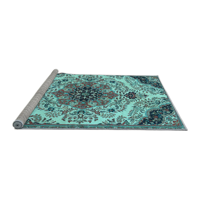 Sideview of Machine Washable Medallion Light Blue Traditional Rug, wshtr4425lblu