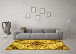 Machine Washable Medallion Yellow Traditional Rug in a Living Room, wshtr4425yw