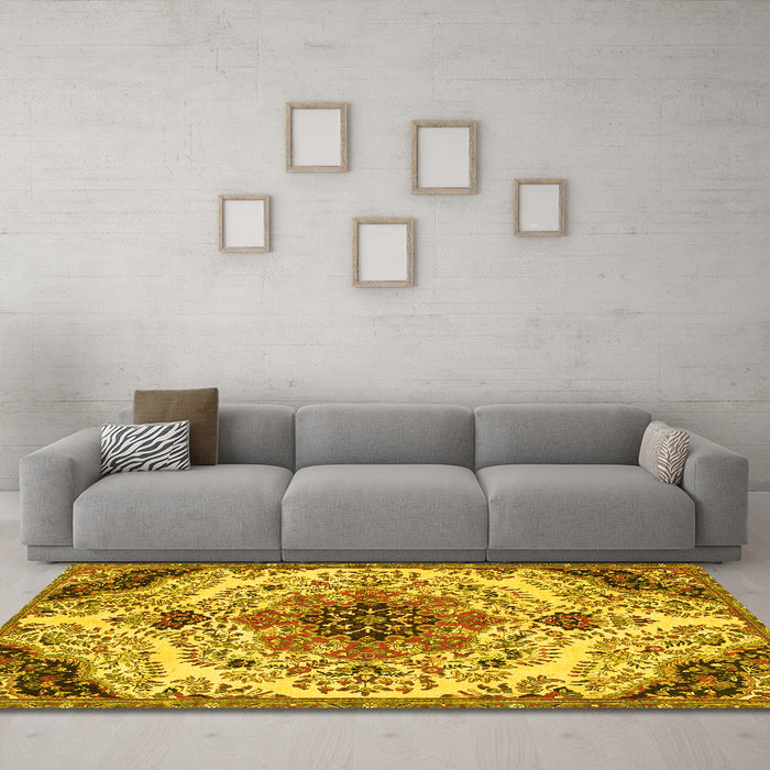 Machine Washable Medallion Yellow Traditional Rug in a Living Room, wshtr4425yw