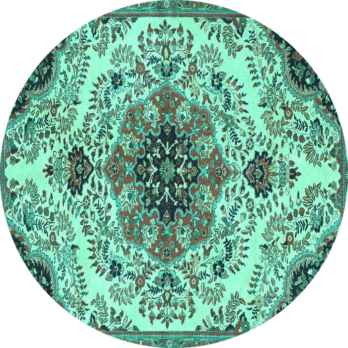 Round Machine Washable Medallion Turquoise Traditional Area Rugs, wshtr4425turq