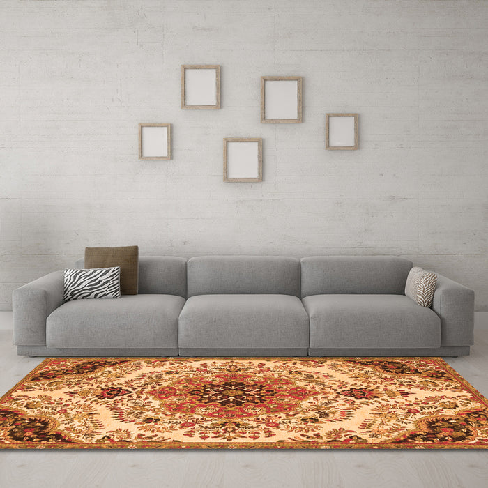 Machine Washable Medallion Orange Traditional Area Rugs in a Living Room, wshtr4425org