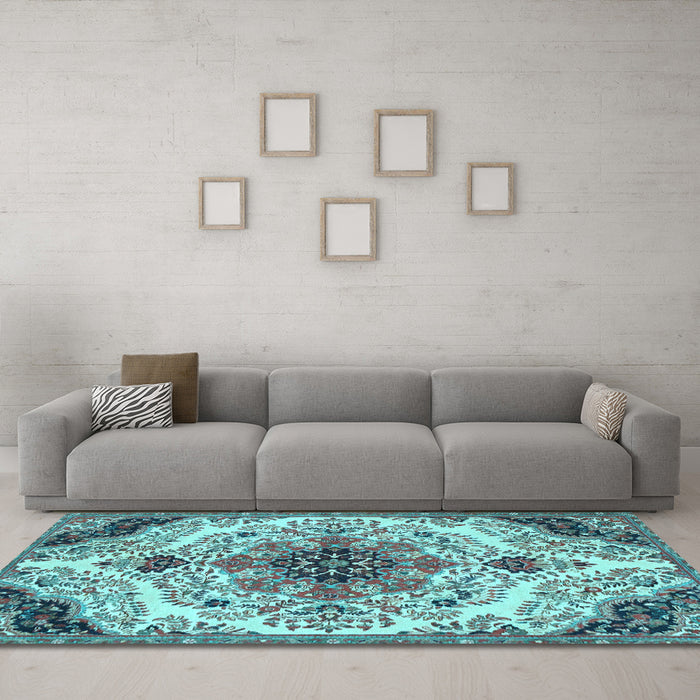 Machine Washable Medallion Light Blue Traditional Rug in a Living Room, wshtr4425lblu