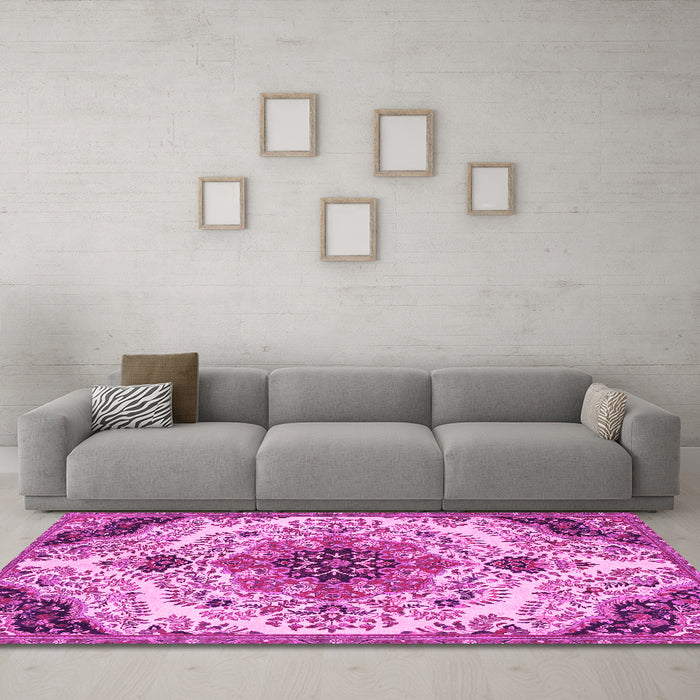 Machine Washable Medallion Pink Traditional Rug in a Living Room, wshtr4425pnk