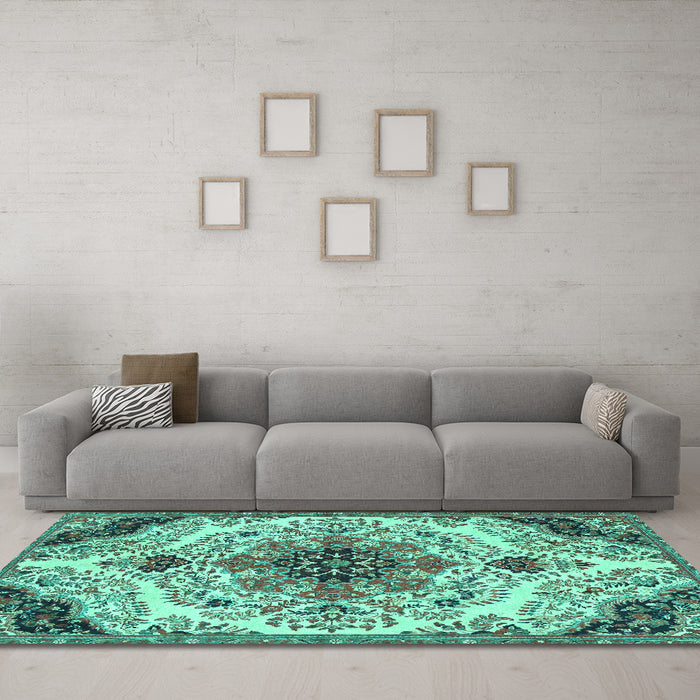 Machine Washable Medallion Turquoise Traditional Area Rugs in a Living Room,, wshtr4425turq