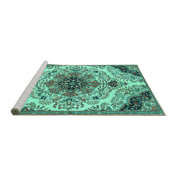 Sideview of Machine Washable Medallion Turquoise Traditional Area Rugs, wshtr4425turq