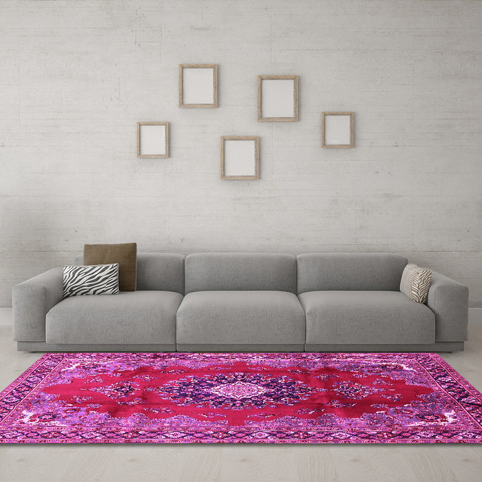 Machine Washable Medallion Pink Traditional Rug in a Living Room, wshtr442pnk
