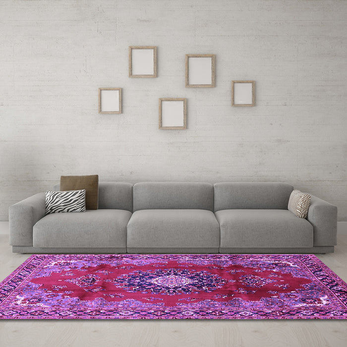 Machine Washable Medallion Purple Traditional Area Rugs in a Living Room, wshtr442pur