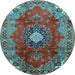 Round Machine Washable Medallion Light Blue Traditional Rug, wshtr442lblu