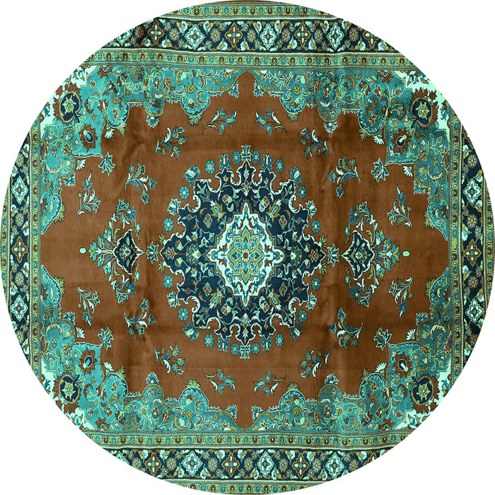 Round Machine Washable Medallion Turquoise Traditional Area Rugs, wshtr442turq
