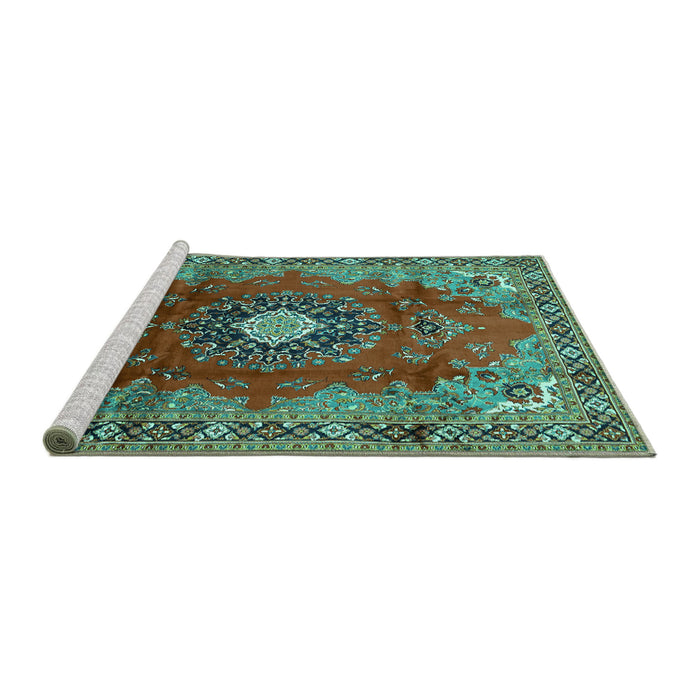 Sideview of Machine Washable Medallion Turquoise Traditional Area Rugs, wshtr442turq