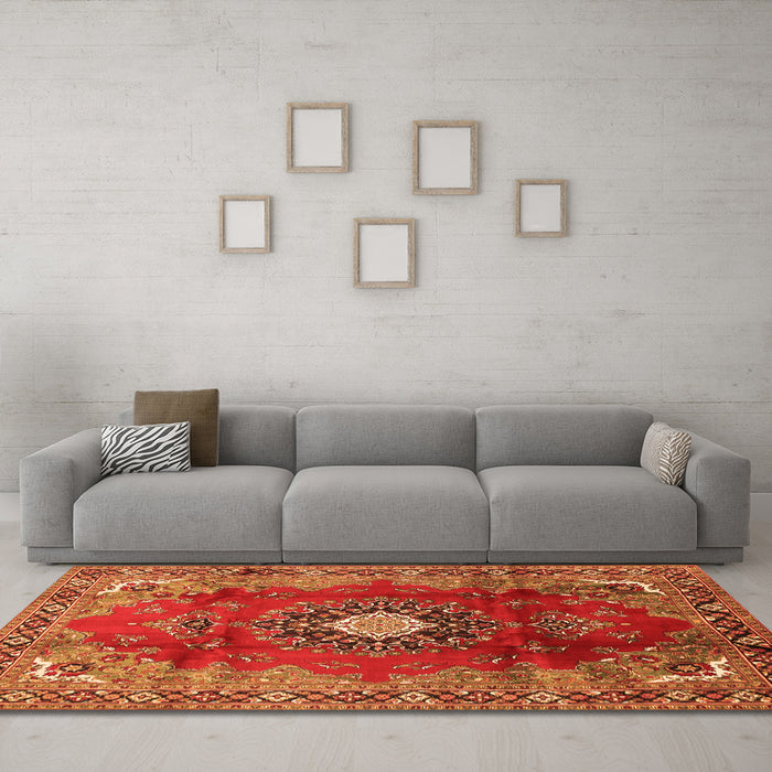 Machine Washable Medallion Orange Traditional Area Rugs in a Living Room, wshtr442org