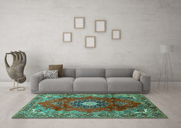 Machine Washable Medallion Turquoise Traditional Area Rugs in a Living Room,, wshtr442turq